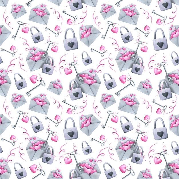 Cute envelopes with pink hearts gray keys and locks Watercolor illustration Seamless pattern on a white background from the VALENTINE's DAY collection For decoration and design