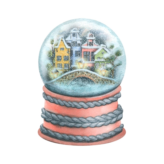 Cute European houses and a bridge in a snow glass ball on a stand with knitted elements Watercolor illustration For the design and decoration of postcards posters New Year and Christmas souvenirs