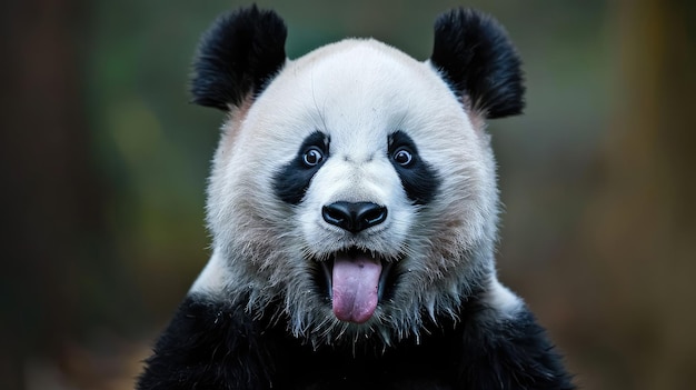 Cute expression of a panda portrait of a panda facing the camera while sticking out its tongue