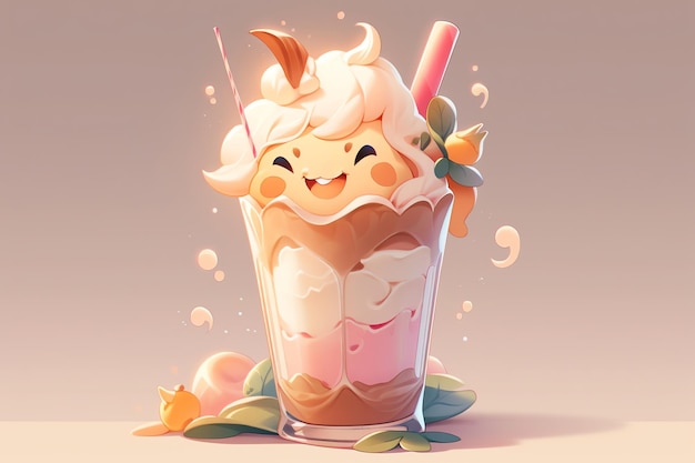 Cute face of a milkshake with a wide smile and whipped cream digital art illustration