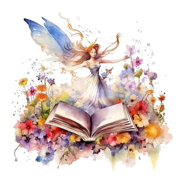 Cute fairy reading book on stack of books watercolor hand draw illustrartion can be used for kid pos