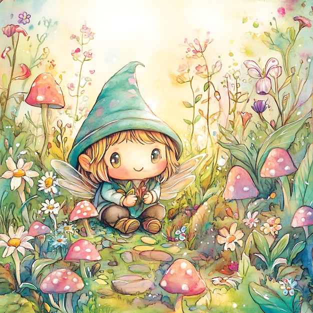 Cute Fairy Sitting in a Meadow with Flowers and Mushrooms