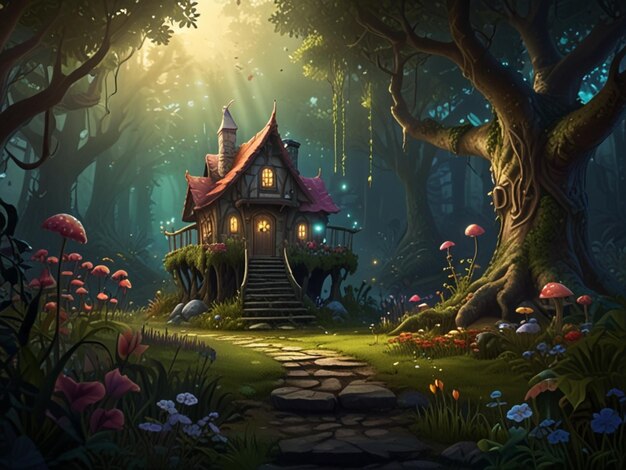 Photo cute fairy tail dwarf house in the forrest