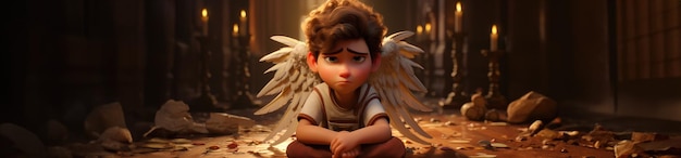 Cute fairy tale animation character angel baby with wings archangel newborn banner copy space background text Pixar style bible story image