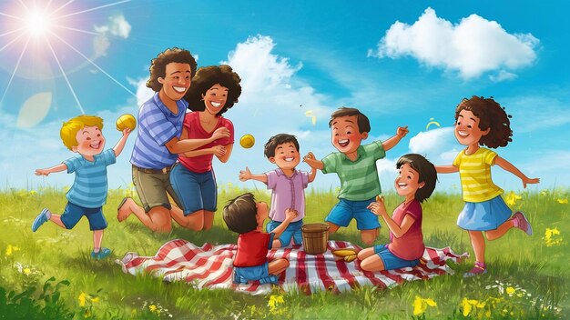 Cute family playing in a summer field