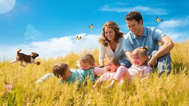 Cute family playing in a summer field