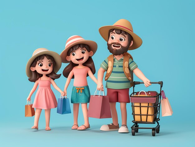 Photo cute family with shopping cart full of gifts 3d illustration