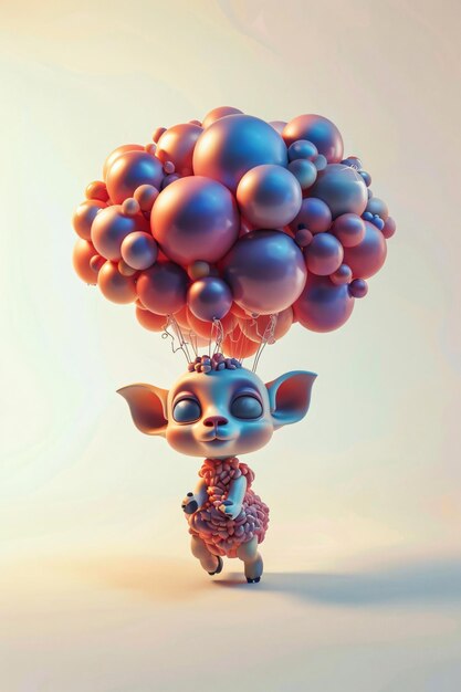 Photo cute fantasy creature floating with bunch of balloons