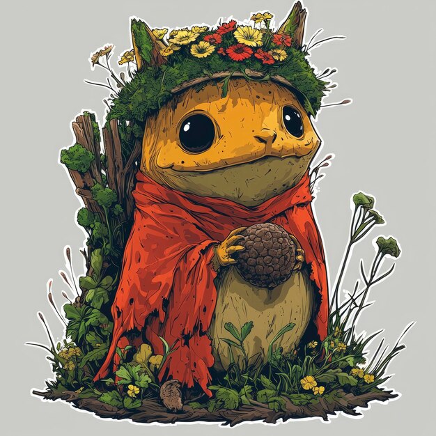 Cute Fantasy Creature with Flower Crown and Red Cloak