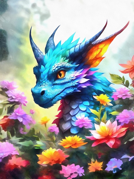 Cute fantasy dragon with colorful flowers in watercolors AI generated