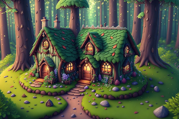 Cute fantasy house fairy tale little cottage in magical forest