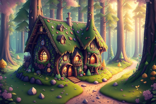 Cute fantasy house fairy tale little cottage in magical forest