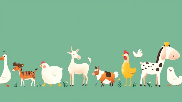 Photo cute farm animals line up for a parade on a green background