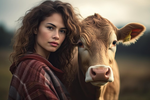 Cute Farmer woman with cow