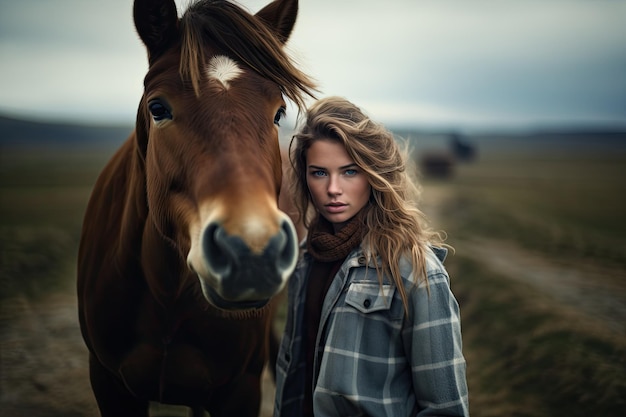 Cute Farmer woman with horse