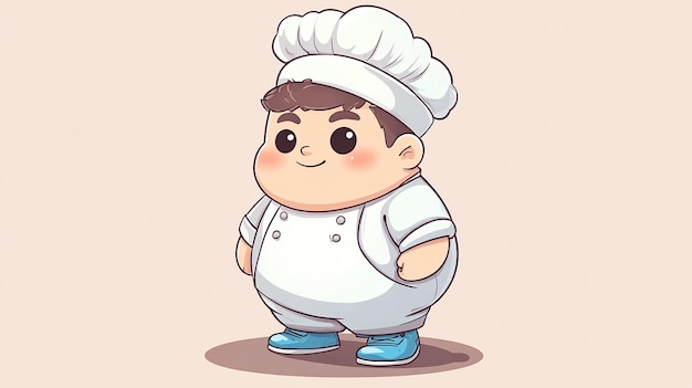 Photo a cute fat chibi style man wearing a white chef uniform and white chef hat blue sneakers