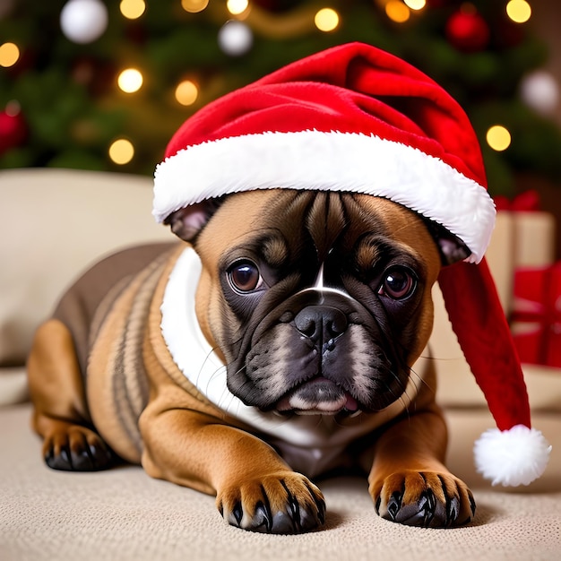 Cute fawn French bulldog wearing a Santa Claus hat Generative AI