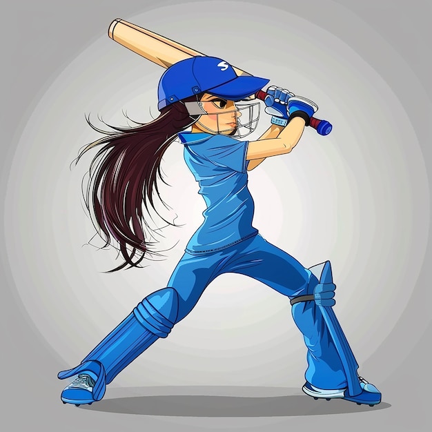 Photo a cute female cartoon cricket player in blue color kit