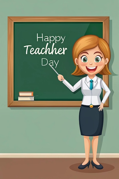 Photo cute female teacher pointing at chalkboard for world teacher day classroom illustration