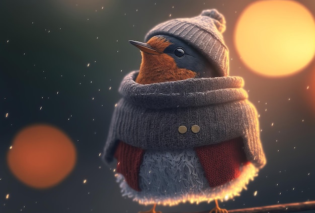 Cute festive robin bird wearing winter wolly hat and clothing Generative ai