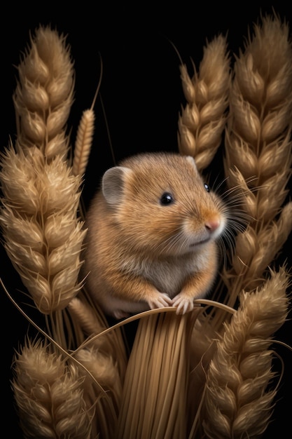 Cute field mice on wheat background AI Generative