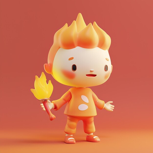 Cute Fire Dancer Performing with Flaming Poi 3D on Flat Background