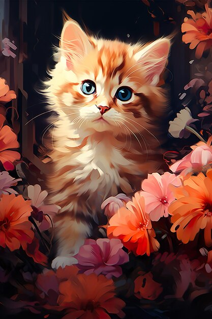 Cute floral cat with flowers illustration Poster