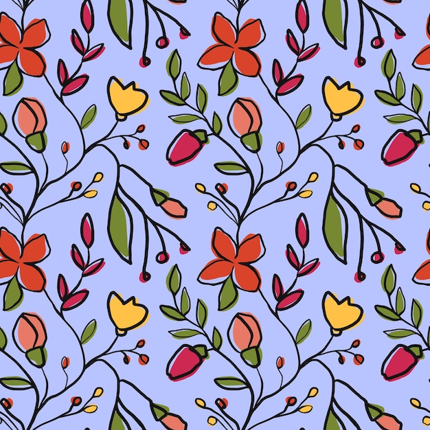 Cute floral seamless pattern on blue background. Flowers, leaves, black outline repeat print.