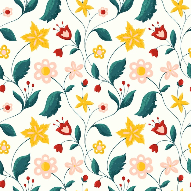 Cute floral seamless pattern on white Bright folk red green yellow flowers leaves repeat print