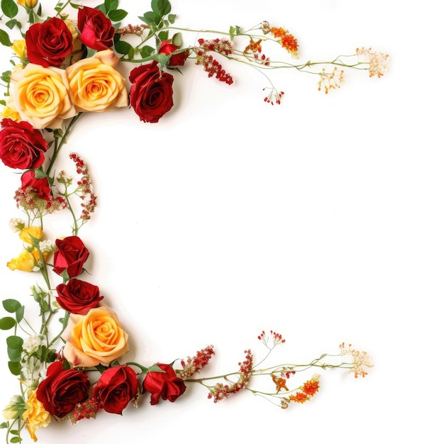 A cute flower corner frame on white background with small red and yellow roses