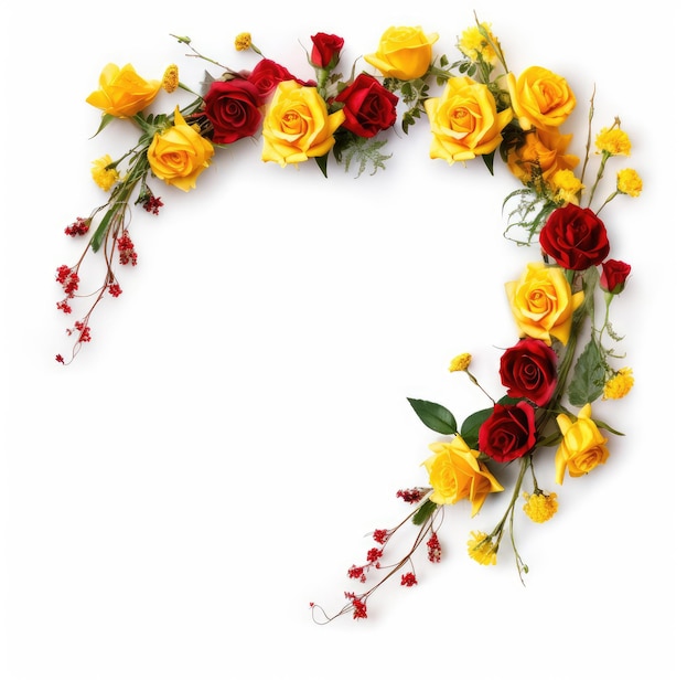 A cute flower corner frame on white background with small red and yellow roses