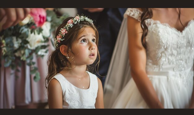 Photo cute flower girl with wedding background