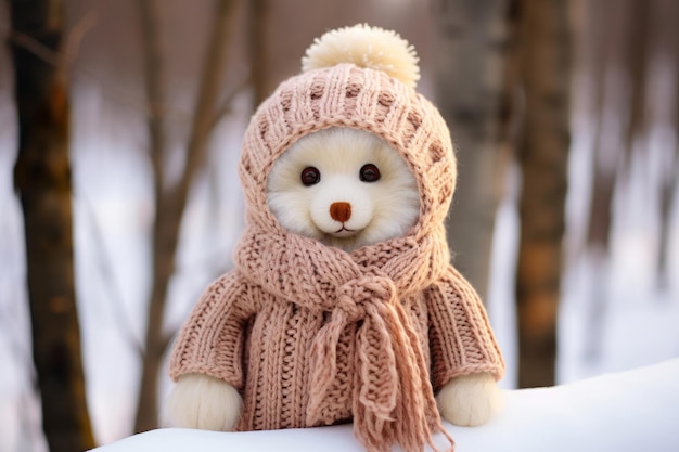 Cute fluffy animal in knitted clothes in the winter forest closeup