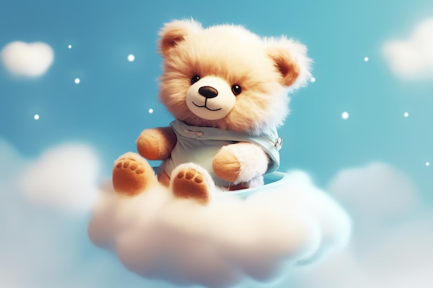 Cute fluffy bear talks to the moon in the night sky Sleeping Bear with star and cloud