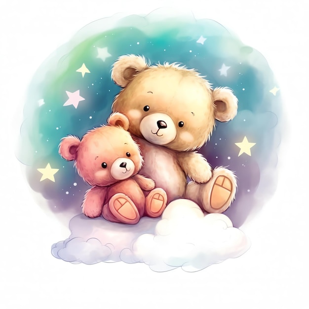 Cute fluffy bear talks to the moon in the night sky Sleeping Bear with star and cloud