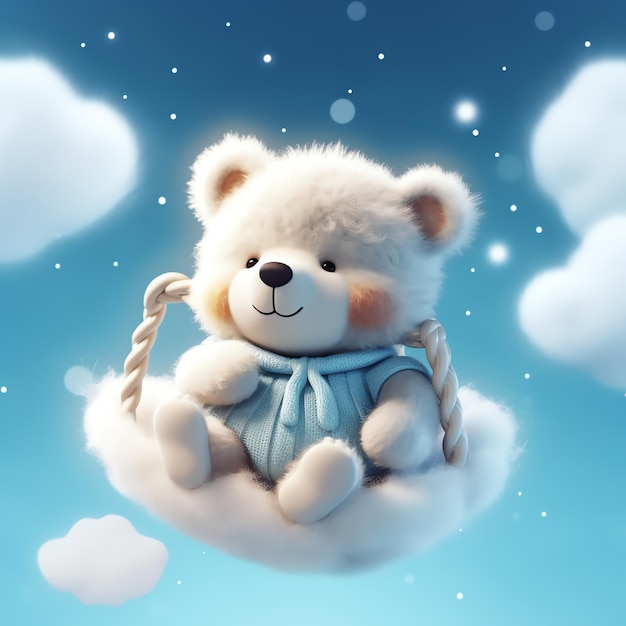 Cute fluffy bear talks to the moon in the night sky Sleeping Bear with star and cloud