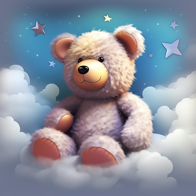 Cute fluffy bear talks to the moon in the night sky Sleeping Bear with star and cloud