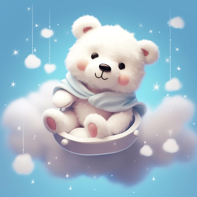 Cute fluffy bear talks to the moon in the night sky Sleeping Bear with star and cloud