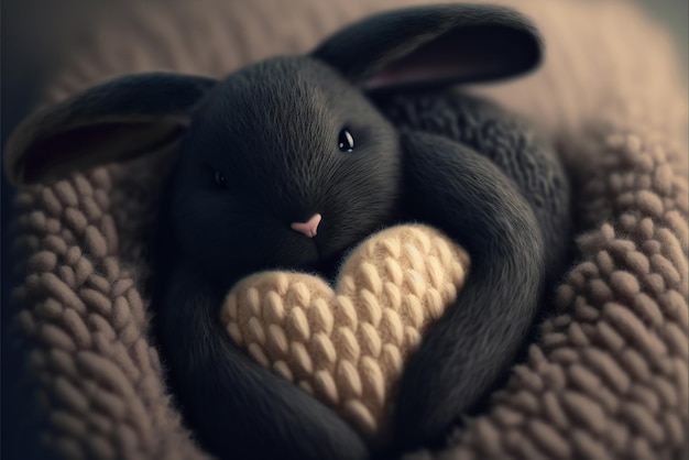 Cute fluffy black rabbit hugging red heart Valentine's Day greetings from romantic bunny holding heart Generative AI