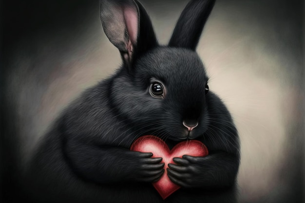 Cute fluffy black rabbit hugging red heart Valentine's Day greetings from romantic bunny holding heart Generative AI