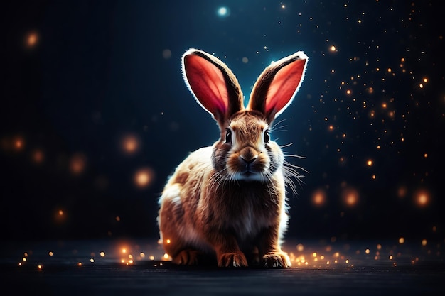 Cute fluffy bunny sitting on dark background with bokeh lights