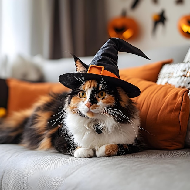 Cute fluffy calico cat wearing a witch hat lying