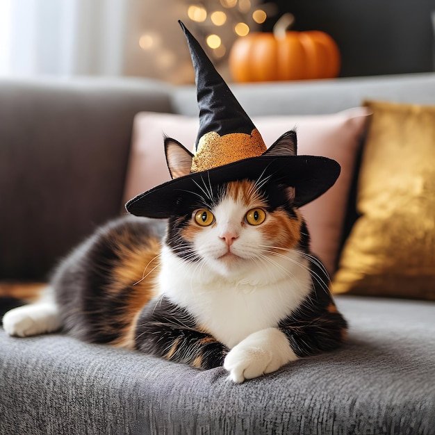 Cute fluffy calico cat wearing a witch hat lying