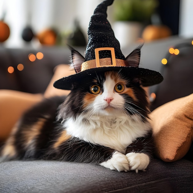 Cute fluffy calico cat wearing a witch hat lying