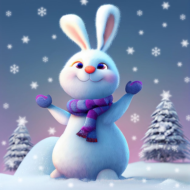 Cute fluffy cartoon white Bunny winter forest Christmas rendered Computer Generated image AI