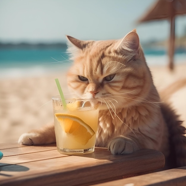 Cute fluffy cat in drinks a cocktail on a sandy beach Summer beach vacation concept AI generated concept