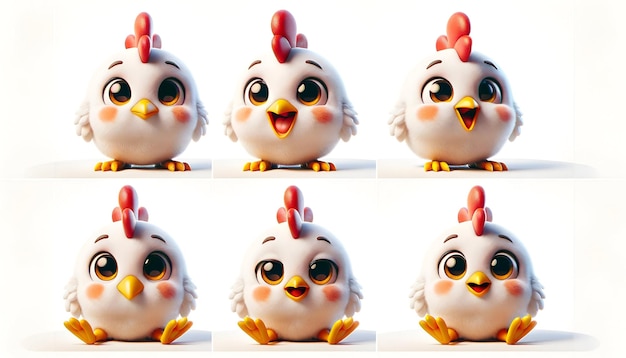 cute fluffy chicken with big eyes in four expressions happy curious surprised content Poses in