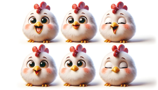 cute fluffy chicken with big eyes in four expressions happy curious surprised content Poses in