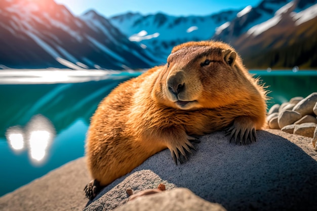 Cute fluffy chubby groundhog sunbathing Generative AI