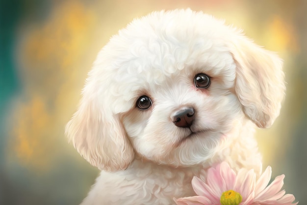 Cute fluffy dog and flowers Festive tender greeting card Generative AI illustration